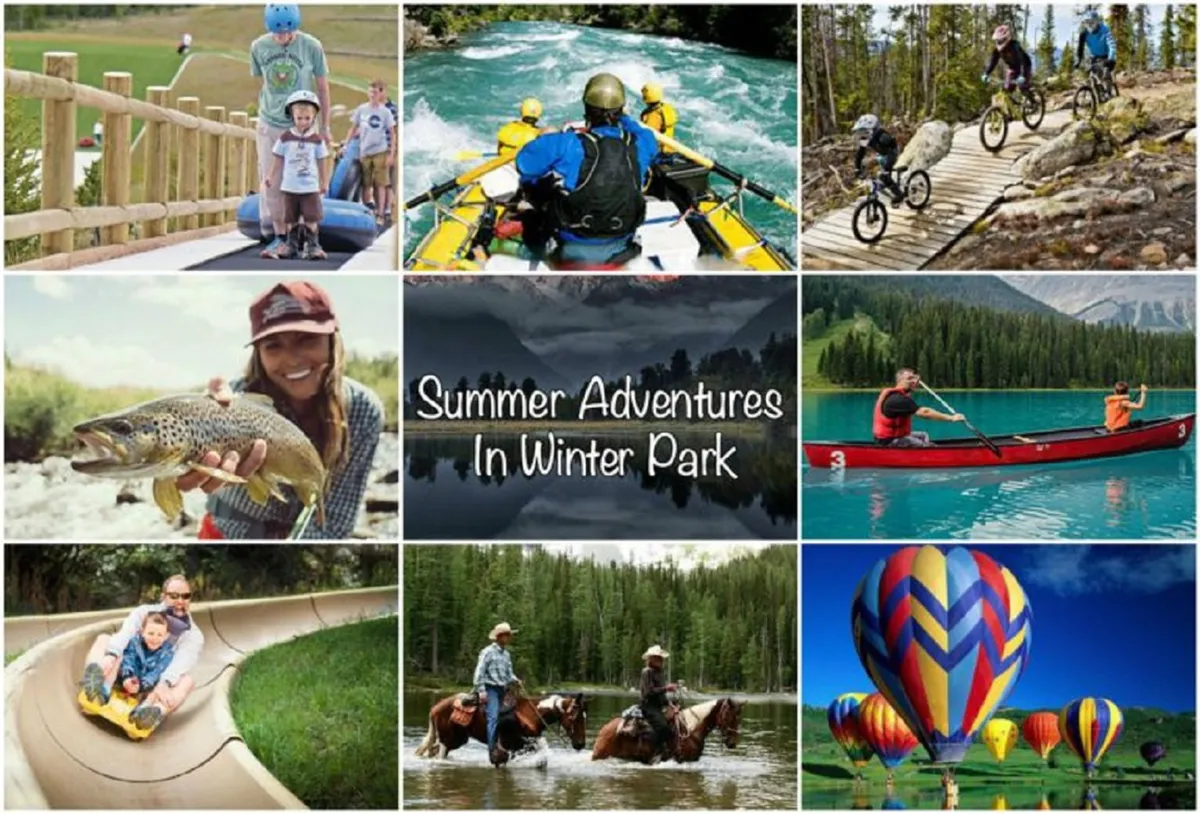 A lively outdoor scene featuring families engaged in a variety of activities such as rafting on a river, cycling on a trail, fishing, kayaking, horseback riding, and a hot air balloon in the sky. The landscape is bright and welcoming, emphasizing adventure and togetherness.