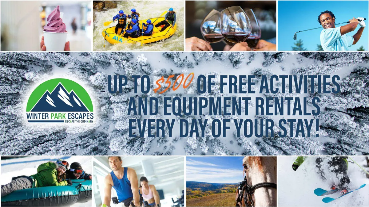 A vibrant montage of outdoor adventure and indulgence: whitewater rafters ride the rapids, golfers enjoy a peaceful course, skiers and snow tubers hit the slopes, and wine and ice cream tastings add a touch of luxury. The image feels dynamic and inviting, spanning multiple seasons.