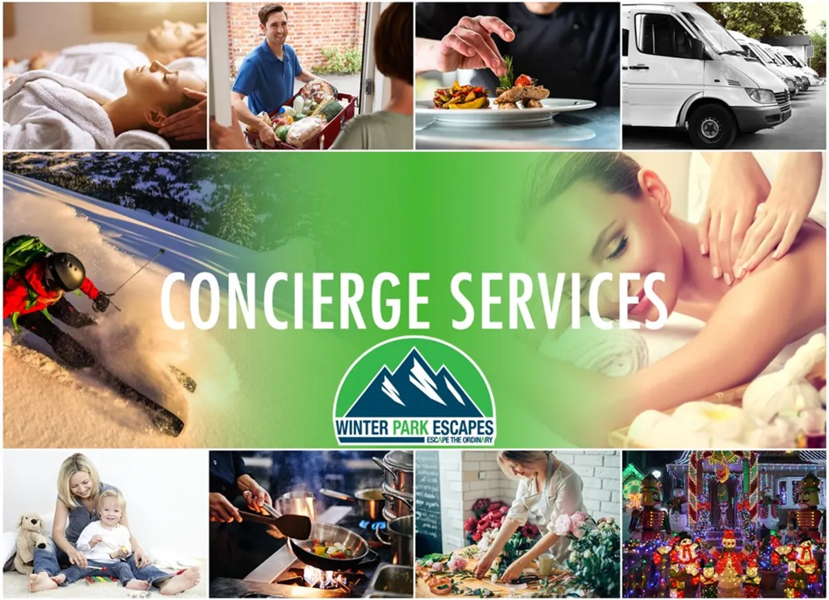A collage-style interior scene showcasing spa treatments, luxury grocery delivery, a chef preparing a meal, family activities, ski equipment, fine dining setups, and event decorations. Multiple service types are visually represented alongside hints of both culinary and adventure experiences, evoking a sense of resort-style pampering and adventure readiness.