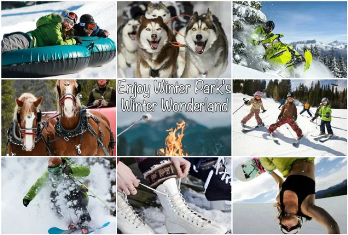 A lively outdoor winter scene featuring guests snow tubing, dog sledding with huskies, riding snowmobiles, enjoying a horse-drawn sleigh, and gathering around a fire pit. The image is bustling with seasonal activities and camaraderie.